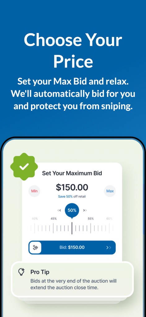 MAC.BID - Users can set their maximum bid with an intuitive slider for precise control, complemented by a 'Pro Tip' explaining bid extension mechanics.