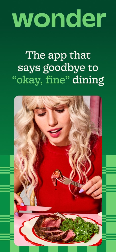 Wonder: Food Delivery - This introductory screen highlights the app's focus on high-quality meals and showcases a user indulging in a perfectly prepared steak.