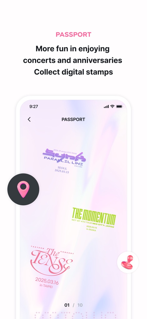 SMTOWN | OFFICIAL - Commemorate live events with the 'PASSPORT' feature, allowing users to collect unique digital stamps from various concerts like 'The Momentum' and 'The Tense'.