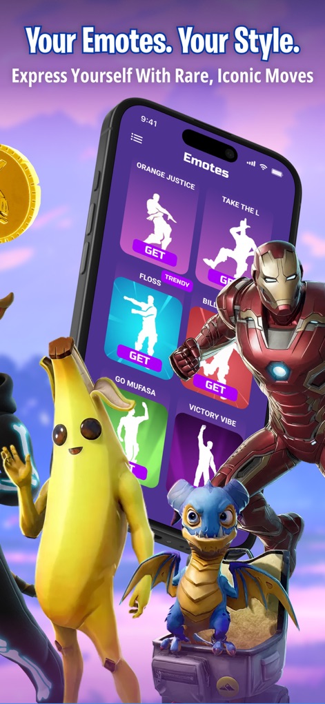 FZone - Fortnite Game Stats - Explore the app’s dedicated "Emotes" section, providing users with a curated list of expressive moves such as Orange Justice and Floss.