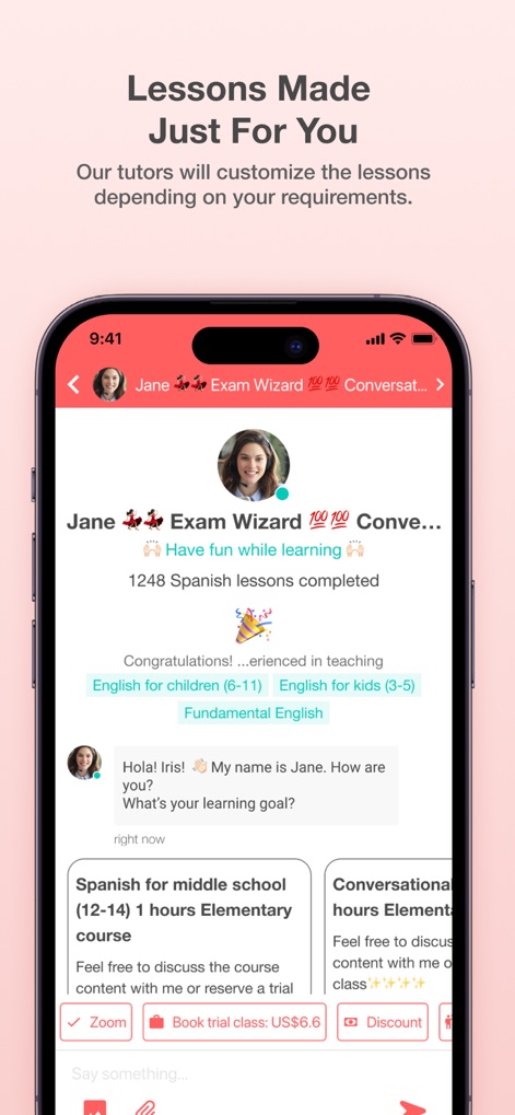 AmazingTalker: Learn Languages - Cette capture démontre la personnalisation des cours à travers l'interface de discussion tutor-étudiant et la variété des parcours d'apprentissage, comme "English for children (6-11)" ou "Spanish for middle school".