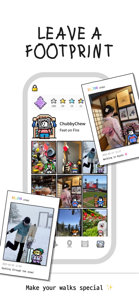 Charlie - Walking Charlie - Users can capture memorable moments by leaving "footprints" with geotagged photos and discover other users' customized Charlie avatars sharing their adventures.