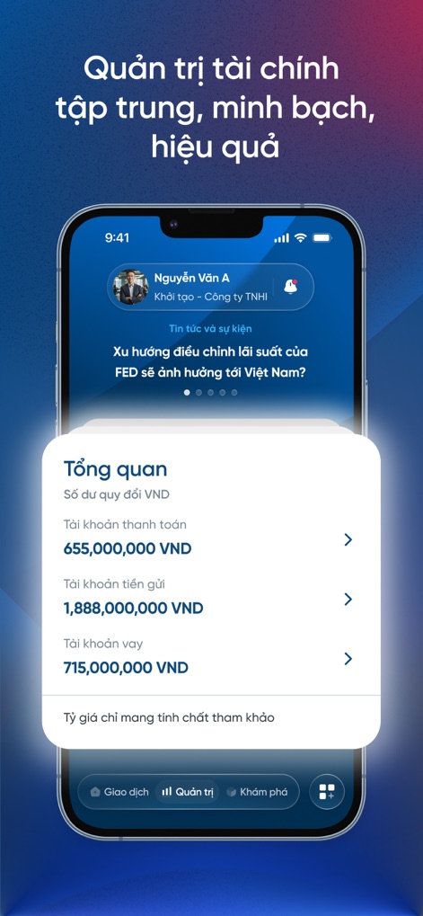 VietinBank eFAST One - Le module de gestion offre une synthèse visuelle des comptes (paiement, dépôt, prêt) et intègre des actualités sectorielles, fournissant une base solide pour la prise de décisions éclairées.