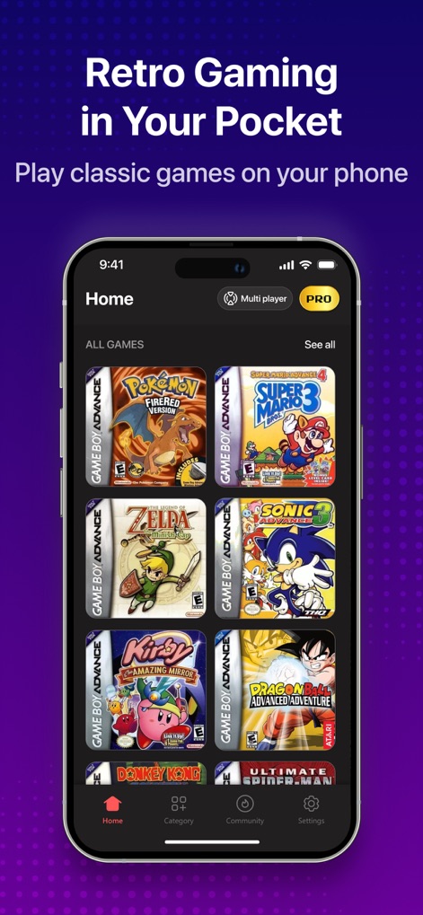GBA, PSP, DS Game Emulator - A tela inicial oferece acesso rápido a uma vasta coleção de jogos clássicos em miniatura, organizados em uma grade visualmente atraente, e inclui uma barra de navegação intuitiva para explorar categorias ou configurações.