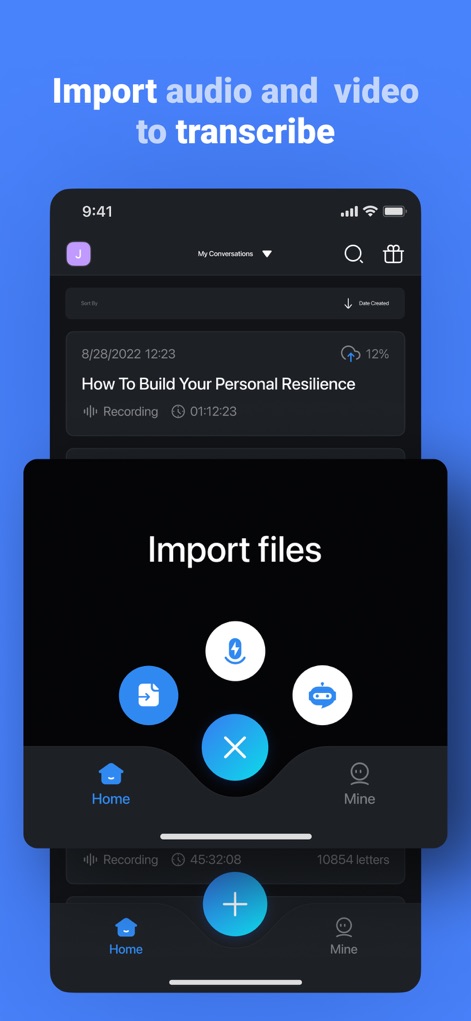 Notta Transcribe Voice to Text - Users can effortlessly import audio and video files for transcription, with various source icons indicating diverse import options.