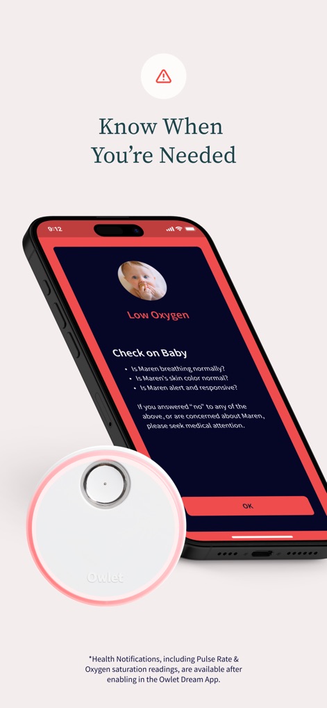 Owlet Dream - The app promptly notifies users with a 'Low Oxygen' alert and provides clear 'Check on Baby' instructions for immediate action.