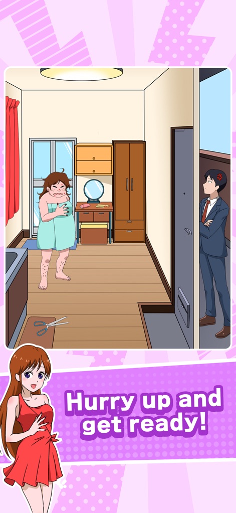 Tricky Mean - Brain puzzle - The app presents scenarios where users must quickly resolve situations, such as getting ready before the man enters.