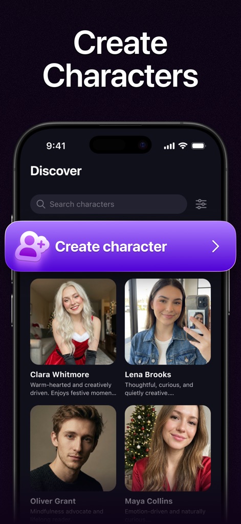 Fomo - AI Social Network - This tool allows users to design their own AI characters via the prominent 'Create character' button and browse diverse AI profiles in the 'Discover' section.