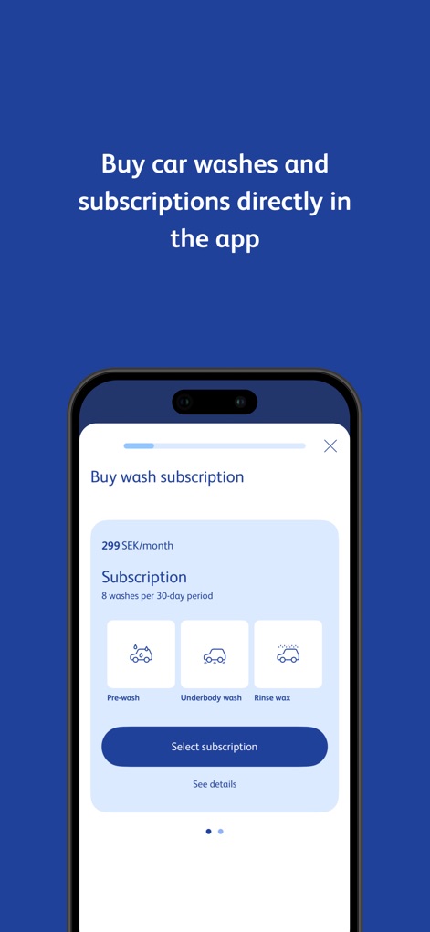 OKQ8 - Explore the 'Buy wash subscription' flow, revealing flexible monthly plans and specific wash options like 'Pre-wash' and 'Underbody wash'.
