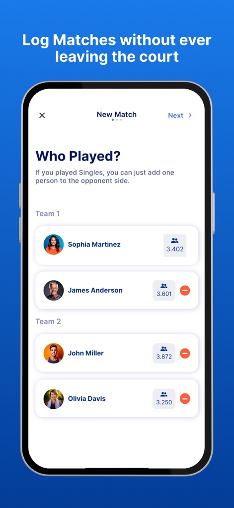 DUPR - The app provides a straightforward interface for logging new matches, allowing users to easily select players and view their current ratings before submitting scores.