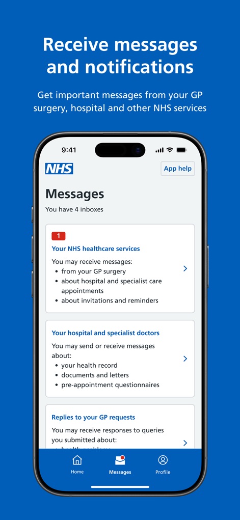 NHS App - This screen reveals an organized "Messages" inbox, allowing users to receive detailed updates from "Your NHS healthcare services" and "Your hospital and specialist doctors".