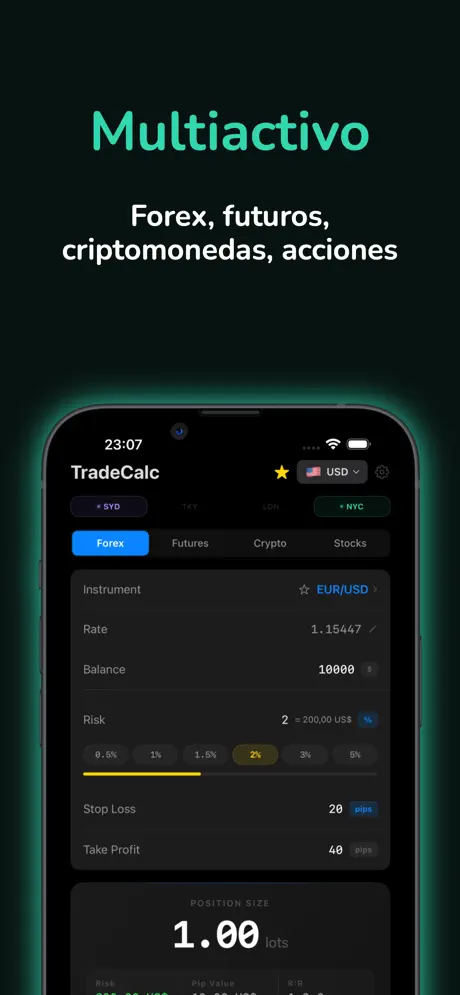 TradeCalc Tamaño de Posición — captura de pantalla del iPhone 4