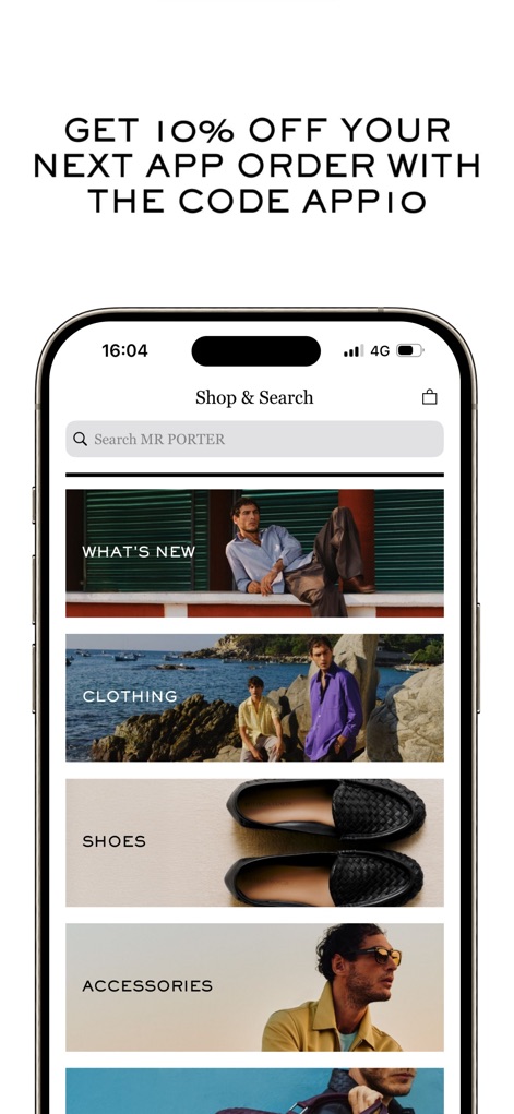 MR PORTER: Shop men’s fashion - This tool features a prominent "Shop & Search" bar for quick item discovery and visually appealing category tiles that simplify exploration of clothing and accessories.