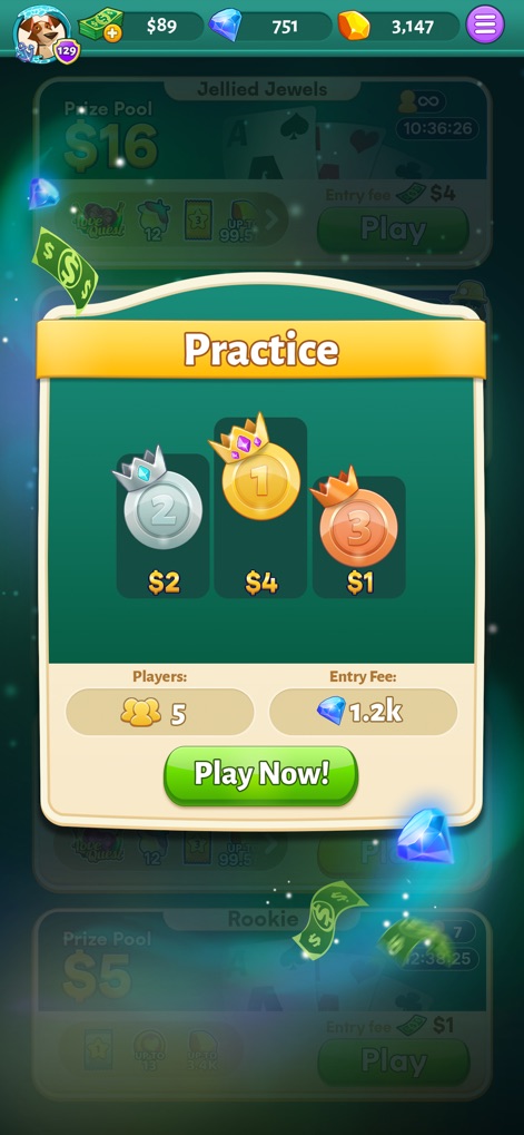 Solitaire Cash - The app offers dedicated practice tournaments, clearly displaying potential medal rewards and their corresponding cash prizes, alongside transparent entry fee requirements.