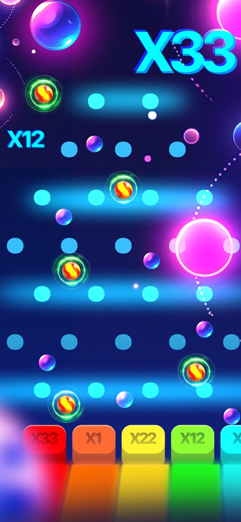 Ball Unifying Dodger - Observe the app's vibrant gameplay featuring numerous glowing objects to collect and the clear score indicator tracking progress.