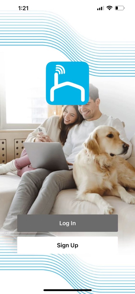 Steren Home - The app ensures a smooth start for users, presenting clear 'Log In' and 'Sign Up' options prominently, beneath the brand's recognizable Wi-Fi house logo.