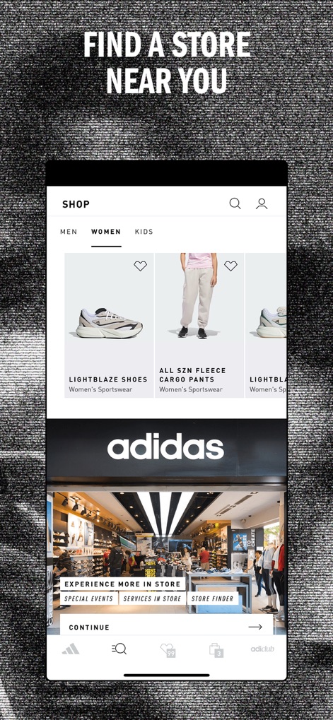 adidas: Shop Shoes & Clothing - Users can effortlessly locate nearby retail stores using the integrated store finder functionality and explore unique in-store offerings, including special events and various services.