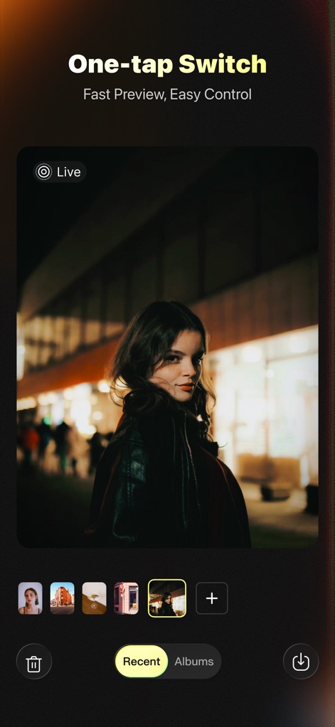 Kapi Cam - Y2K & CCD Camera - This view highlights the 'One-tap Switch' functionality for quick navigation and the organized gallery displaying recent photos, giving users easy content management.