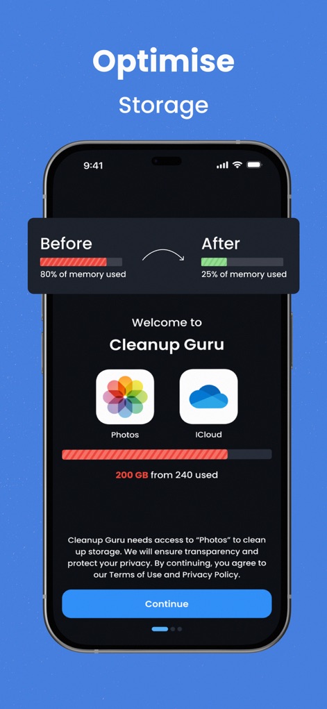 Free Up Storage - Cleanup Guru - Esta herramienta ilustra la mejora del espacio con un gráfico de "Antes" y "Después", destacando el progreso en el uso de la memoria y la integración con "Fotos" e "iCloud".