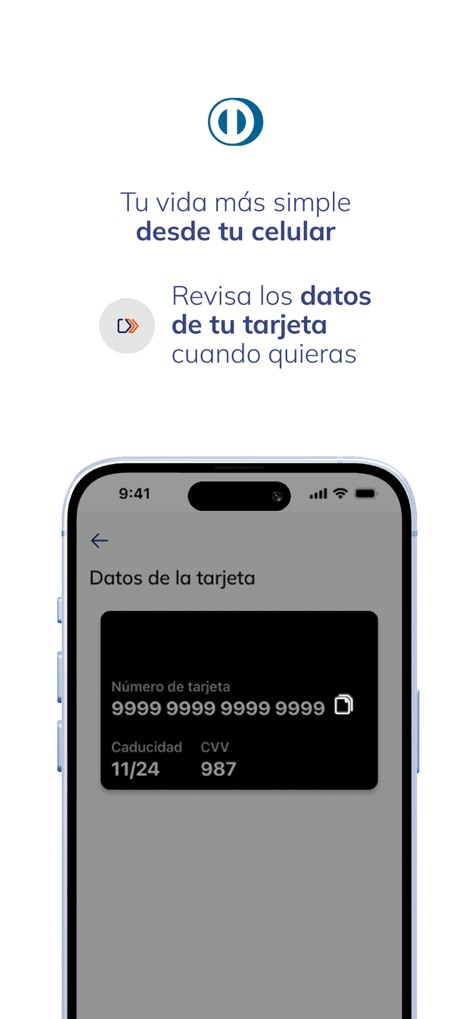 blu de Diners Club - La aplicación permite revisar con seguridad los "Datos de la tarjeta" como el número y CVV, ofreciendo a los usuarios acceso inmediato a su información financiera esencial.
