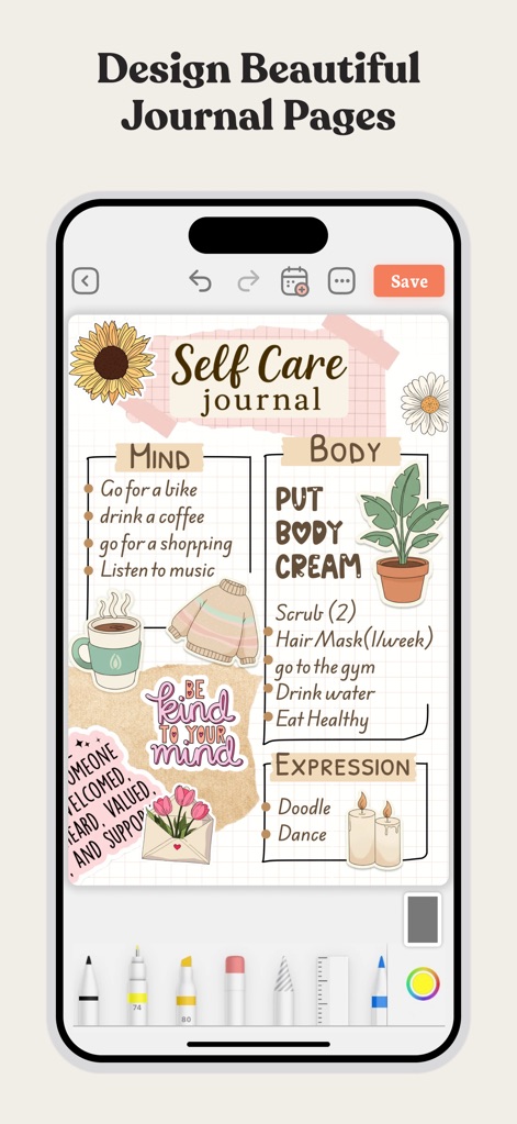 Daily Planner & To Do List - Gli utenti possono esplorare pagine di diario splendidamente disegnate, con sezioni dedicate (come "Mind", "Body", "Expression") e strumenti di disegno per una personalizzazione illimitata.