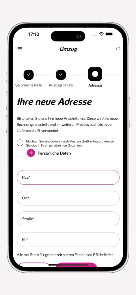 Meine Süwag - This tool guides users through the relocation process with a clear step-by-step progress indicator and dedicated input fields for updating their new address.
