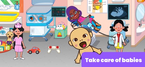Hospital Games for Kids - Discover the nursery, featuring incubators for newborns and a doctor examining a baby with a medical device.