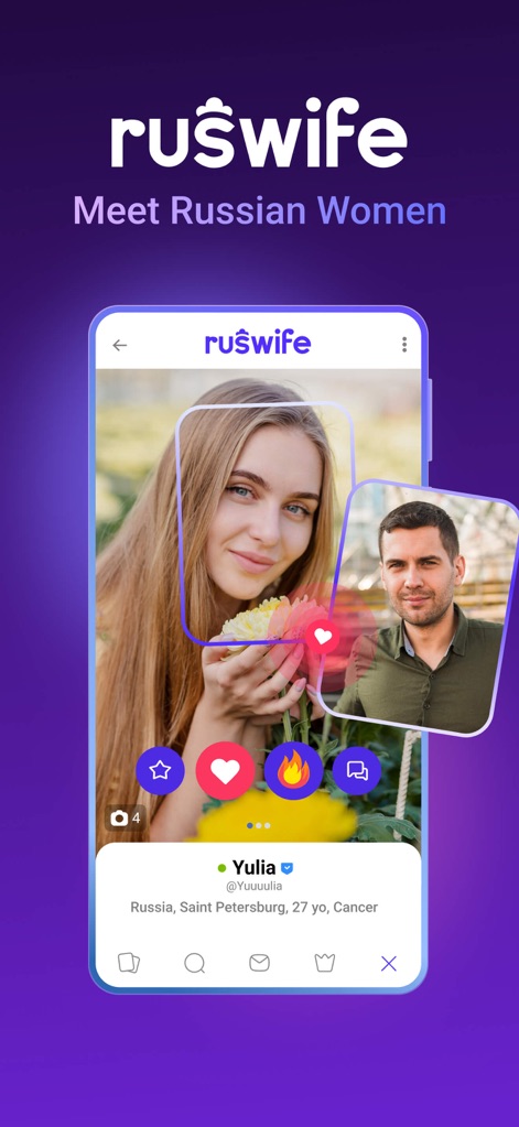 RusWife - Russian women - See how the app showcases detailed user profiles like Yulia's, complete with location and age, alongside interactive engagement icons such as the heart for liking and the fire for SuperLike.