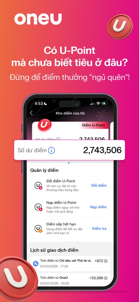 OneU: Tiết kiệm với U-Point - O aplicativo apresenta o saldo atual de U-Point dos usuários em destaque e um histórico detalhado de transações, facilitando o acompanhamento dos pontos acumulados e gastos.