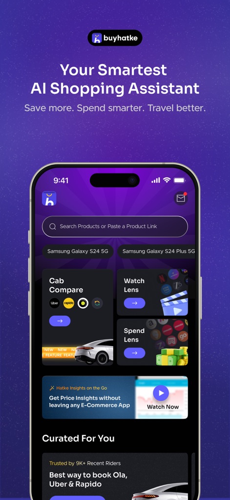 Buyhatke:AI Shopping assistant - Explore the app's intuitive search bar and discover features like Cab Compare for comprehensive utility.