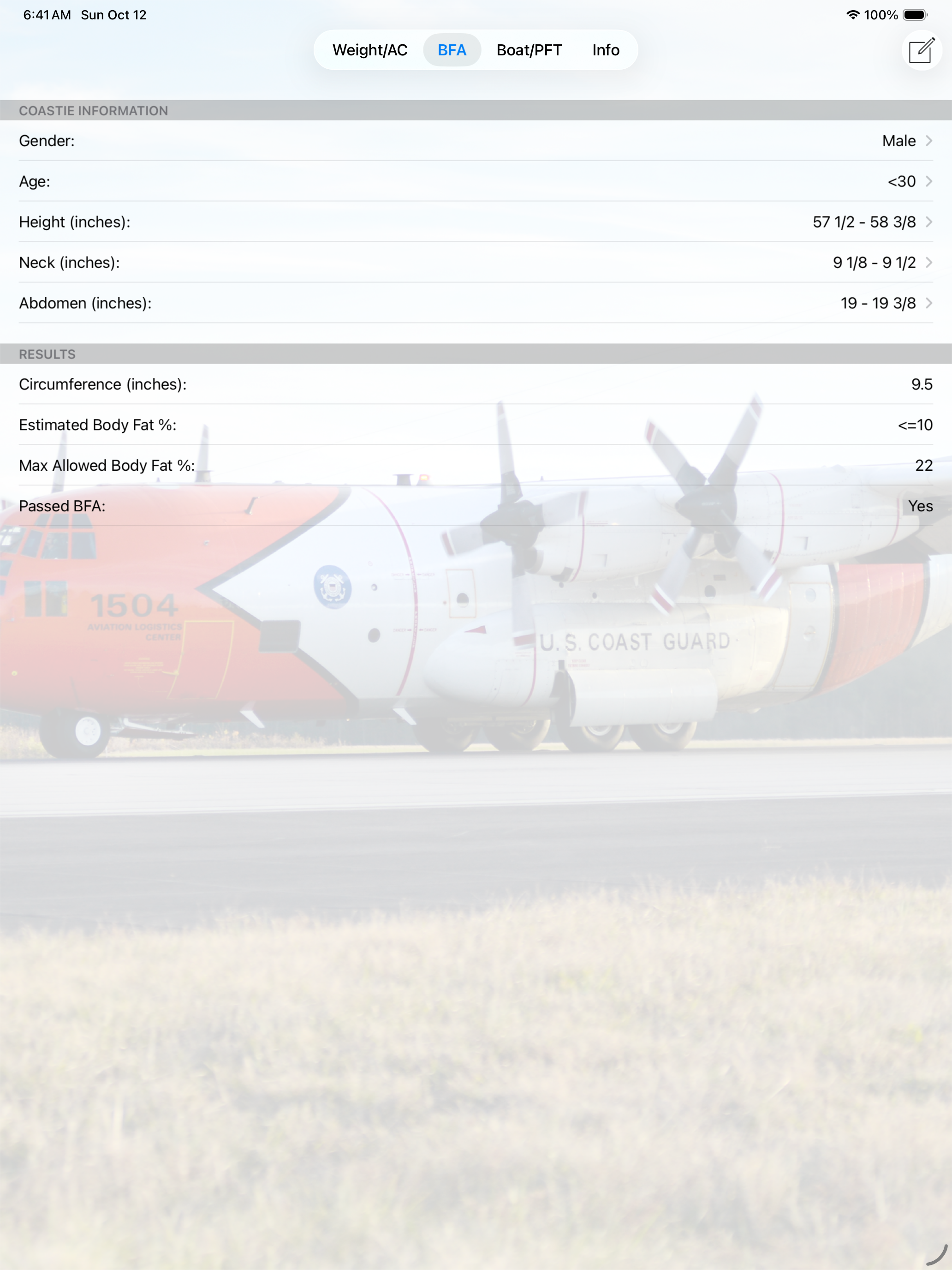 Coast Guard Fitness Calculator