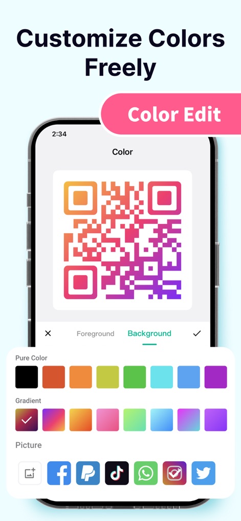 QR Code Generator, QR Template - L'application offre une personnalisation avancée des couleurs, avec des options pour les dégradés et la sélection de couleurs d'arrière-plan, permettant aux utilisateurs d'adapter le style visuel de leurs codes QR.