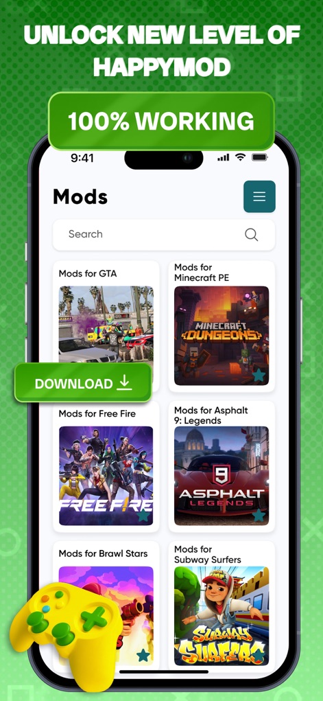 HapMod : Happy Game Mods - The app displays a diverse grid of mod categories for games like GTA and Minecraft PE, complete with an easily accessible download button.