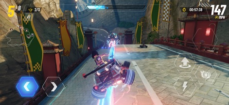 Disney Speedstorm - Witness Mulan activating a powerful ability on a scenic bridge, showcasing her kart's visual effects and the detailed track architecture.