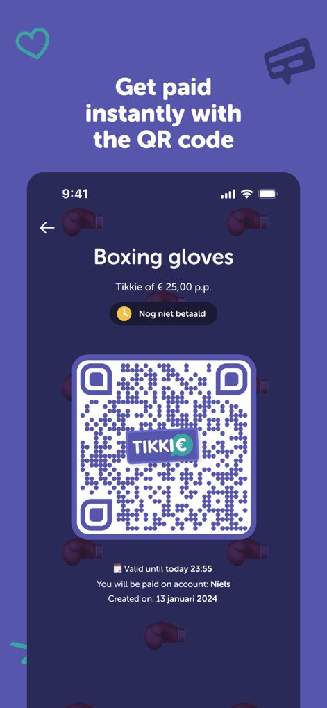 Tikkie - Experience the speed of QR code payments, where a unique scannable code is generated for immediate transactions, complete with a clear description and expiration details for security.