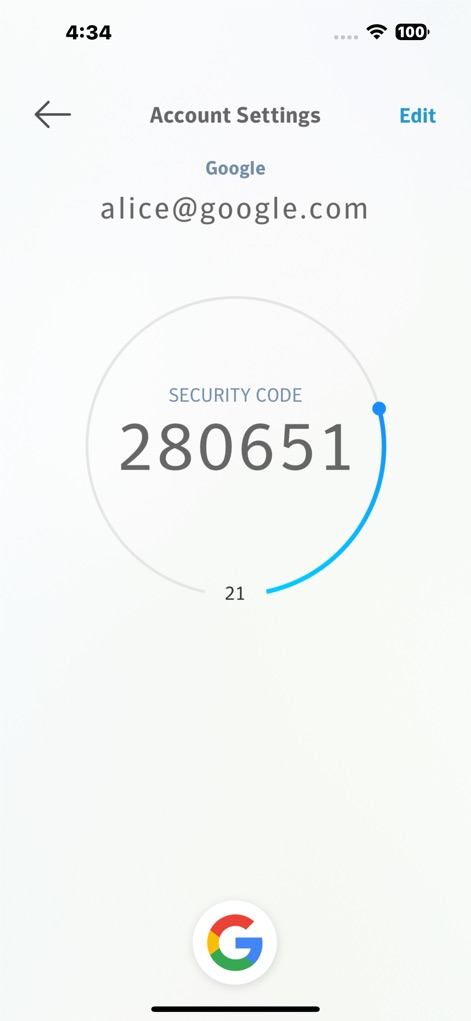 VIP Access for iPhone - Users can generate account-specific security codes, as shown with the Google account, featuring a large, rotating code and a progress indicator for timely authentication.