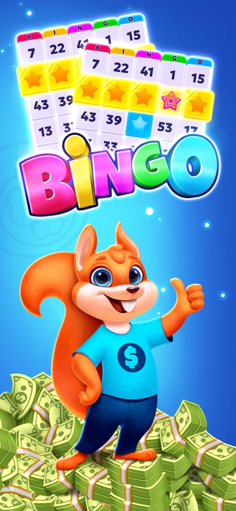 Bingo Billions: Win Real Cash! - Users can observe the stack of multiple bingo cards ready for play and the cheerful squirrel mascot affirming successful gameplay.