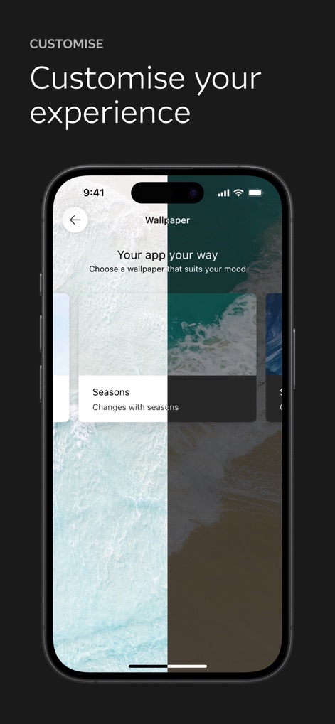 Macquarie Mobile Banking - Users can tailor their app experience by selecting customizable wallpapers and choosing thematic options like 'Seasons' for a personalized interface.