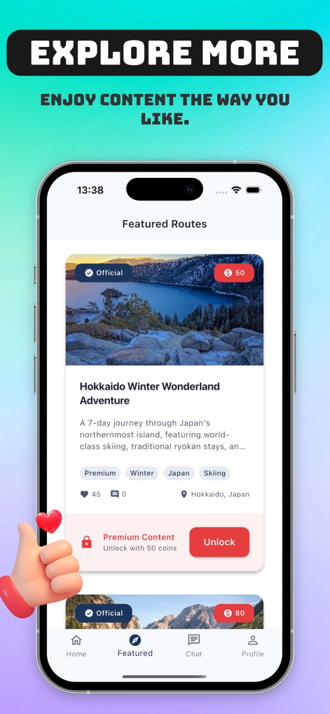 Cove - Share Fun, Video Chat - Access exclusive 'Featured Routes' and curated destination guides, with clear options to 'Unlock' premium content and view detailed travel itineraries.