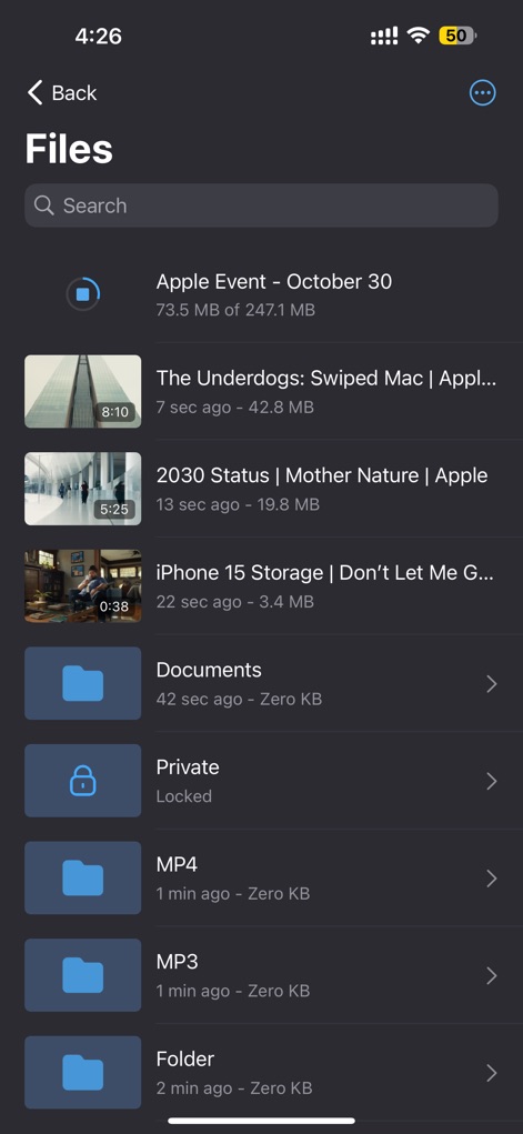 Offline: Files, Browser, VPN - The app simplifies digital life by offering robust file management with a clear 'Files' overview and password-protected 'Private' folders.