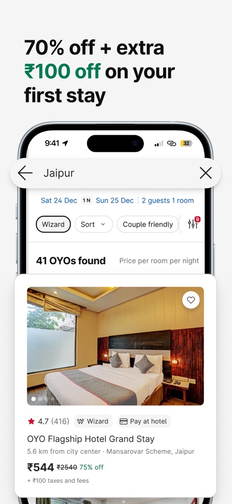 OYO: Hotel Booking App & Deals - 이 앱은 사용자에게 호텔 목록과 함께 '자이푸르' 검색 결과 및 다양한 필터 옵션을 제공하여 맞춤형 숙소를 찾을 수 있습니다.