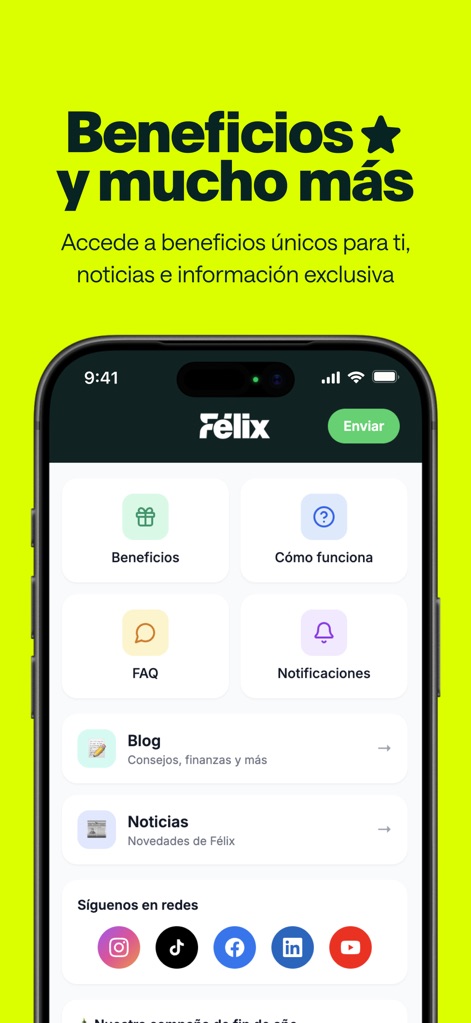 Félix Pago - Envíos de dinero - La herramienta ofrece acceso a una sección de Beneficios y enlaces directos a sus redes sociales, proporcionando recursos adicionales y conectividad con la comunidad.