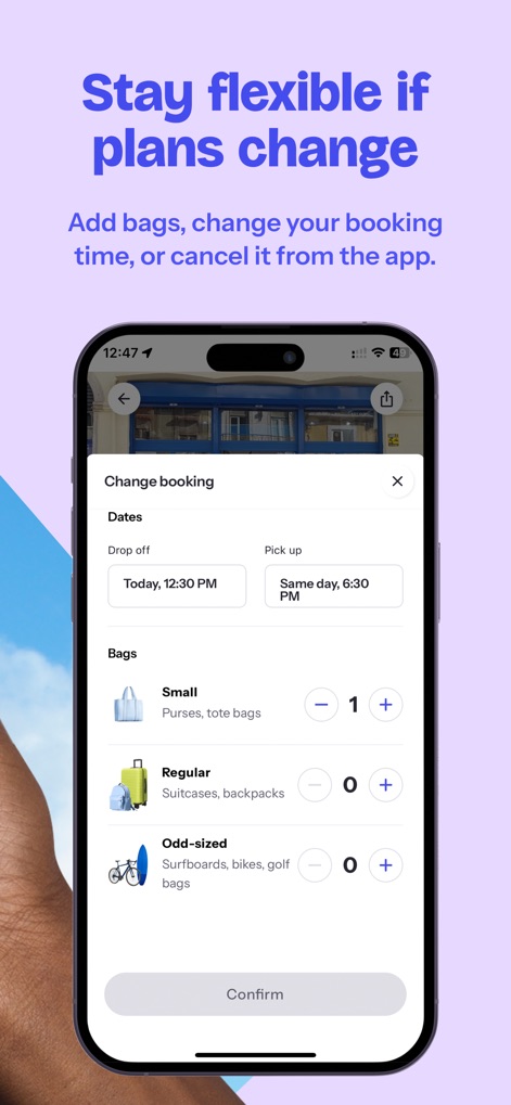 Bounce: Luggage Storage Nearby - 이 앱은 사용자가 '날짜'를 변경하고 '가방' 종류별로 수량을 조절할 수 있는 직관적인 인터페이스를 제공합니다.