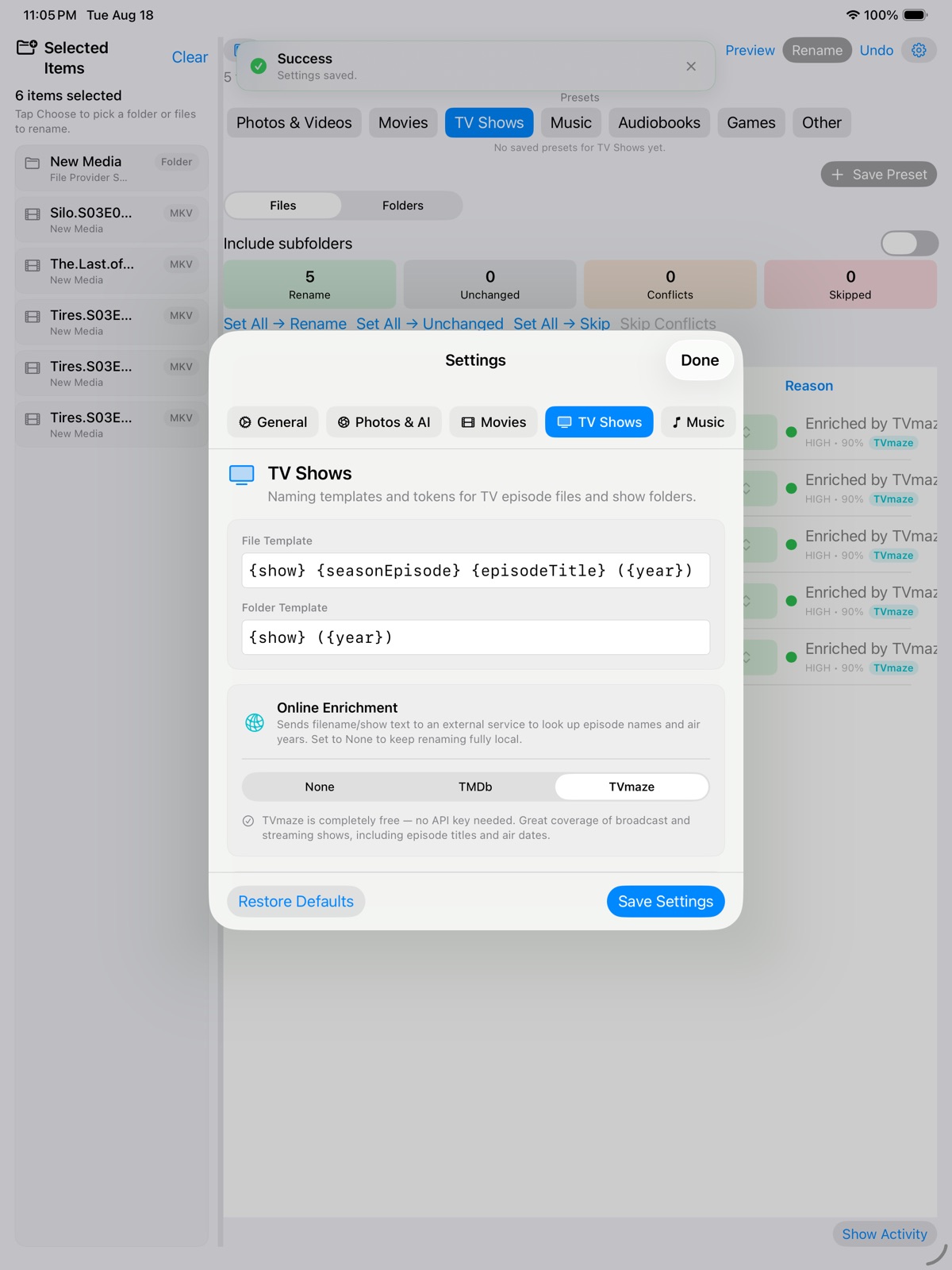 Customizing the naming pattern with tap-to-add tokens