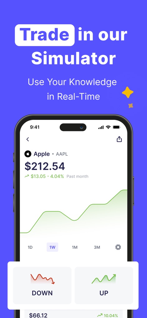 Finelo: Master Trading - Experience the app's immersive simulator, allowing users to practice predictions on a real-time stock chart with 'DOWN' and 'UP' buttons.