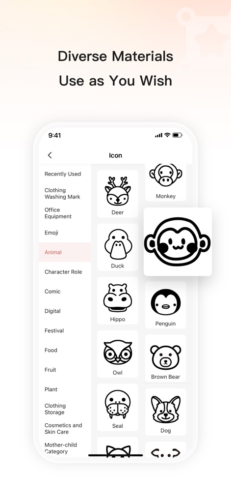 Print Master - This screen displays a comprehensive icon library, offering a wide array of visual elements categorized by themes like 'Animal' for personalized label creation.