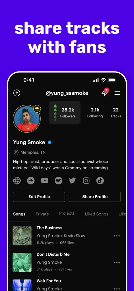 Rapchat: Music Maker Studio - This tool allows artists to build a comprehensive profile, showcasing their 'Followers' and 'Tracks' count, along with direct links to external social media platforms.