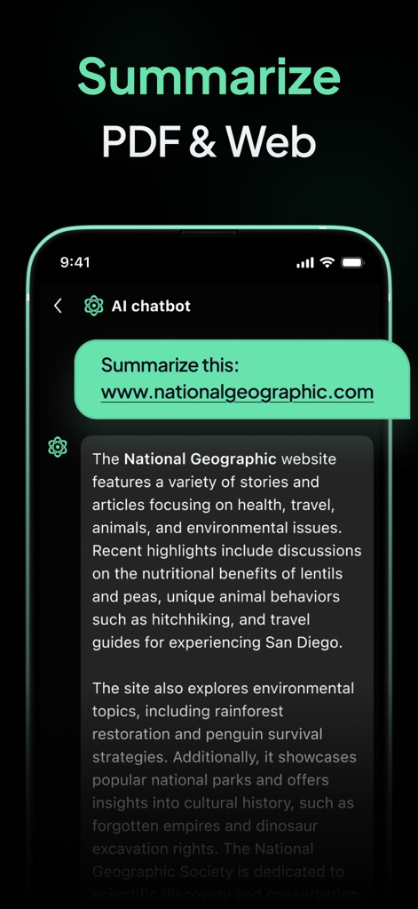 AI Chatbot - Ask Me Anything - Users can quickly summarize web pages by providing a URL, and the app instantly delivers a concise text output of the content.