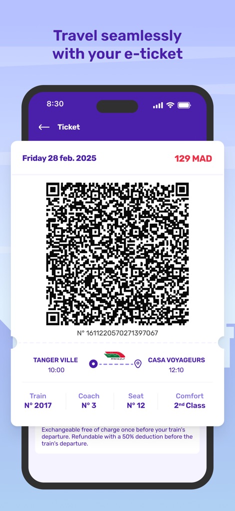 ONCF Voyages - Les voyageurs peuvent accéder à leur billet numérique intégrant un QR code pour la validation, et retrouvent tous les détails du voyage, y compris le numéro de train et le siège attribué.