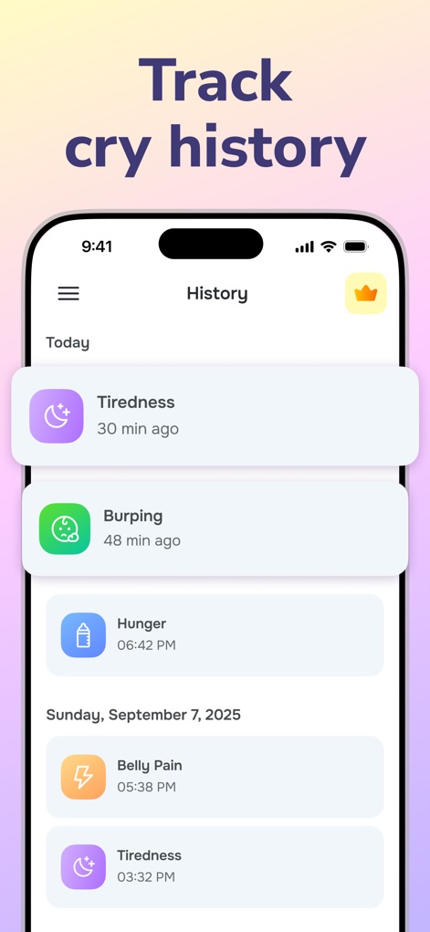 Cry Analyzer · Baby Translator - Questo strumento consente di tenere traccia dello "History" dei pianti del bambino, registrando eventi come "Tiredness" e "Burping" con data e ora per monitorare i progressi.